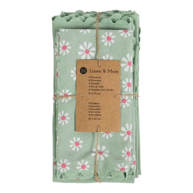 Linen & More Daisy Flowers Keukenset 35x50/40x40cm groen (set of 8)