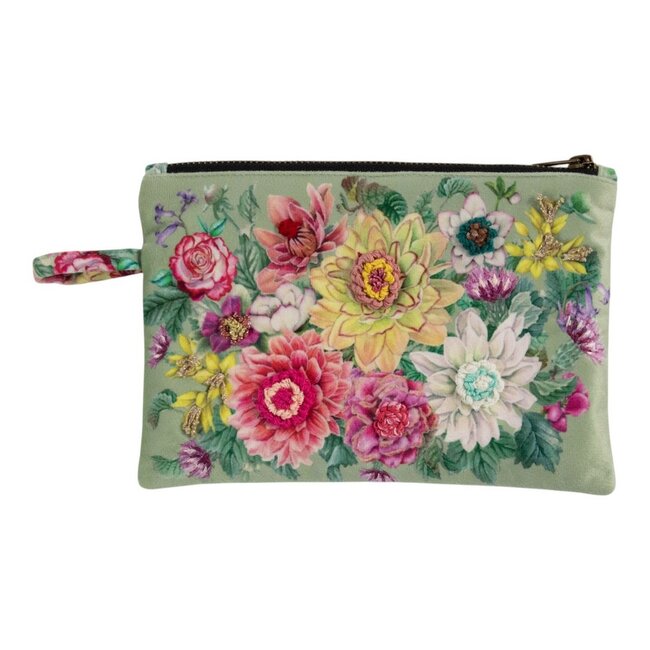 Mars & More Livorno Pouch velvet geborduurd groen 14x21cm