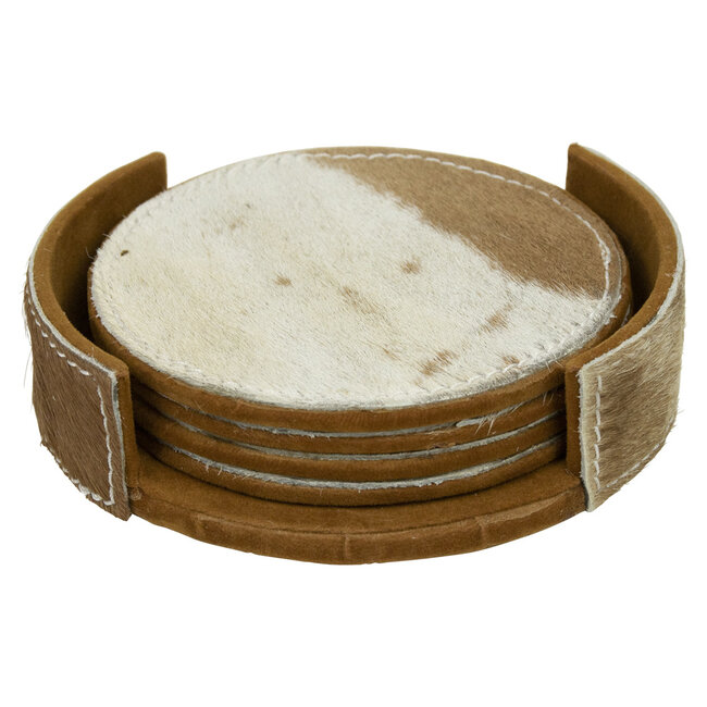 Mars & More onderzetter koehuid rond bruin/wit 10cm (set of 4)