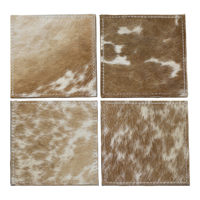 Mars & More onderzetter koehuid vierkant bruin/wit 10cm (set of 4)