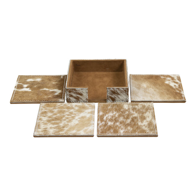 Mars & More onderzetter koehuid vierkant bruin/wit 10cm (set of 4)