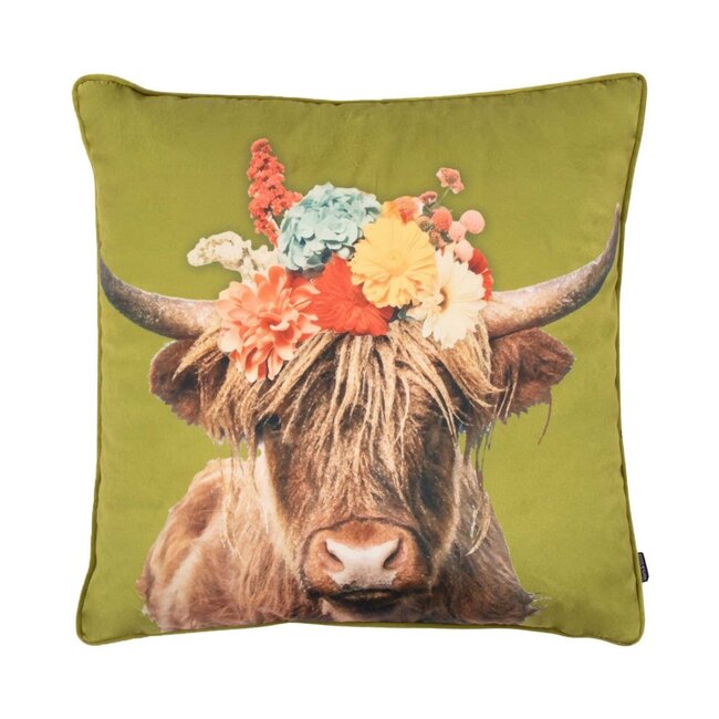 Mars & More Kussen Portret Schotse Hooglander groen 45x45cm
