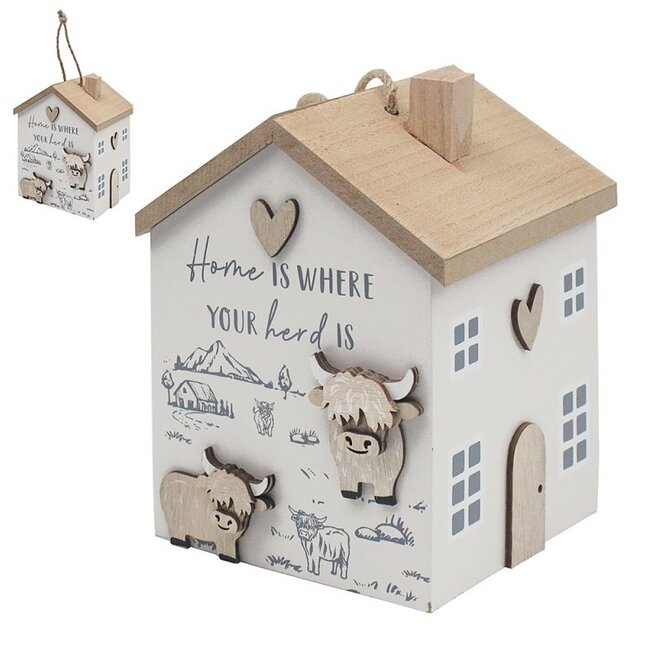 Dream-Living Houten Deurstopper  Huisje  Schotse Hooglanders – 14x14x19 cm