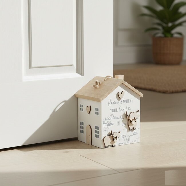 Dream-Living Houten Deurstopper  Huisje  Schotse Hooglanders – 14x14x19 cm