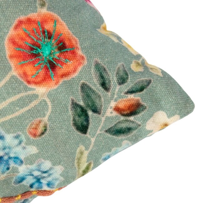 Mars & More kussen geborduurd wilde bloemen all over petrol 45x45cm