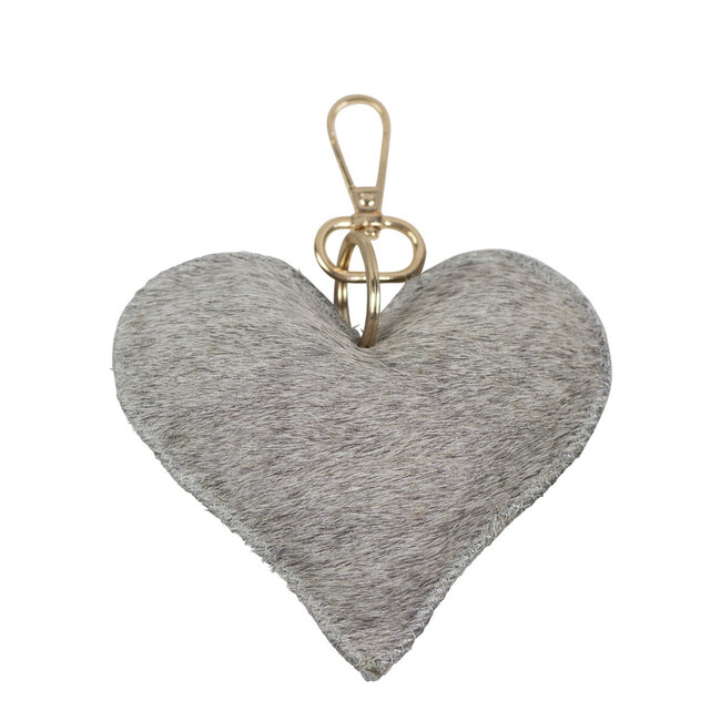 Mars & More sleutelhanger koehuid hart grijs medium 11cm goud