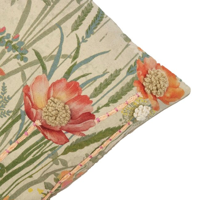 Mars & More kussen geborduurd wilde bloemen roze klaproos 45x45cm