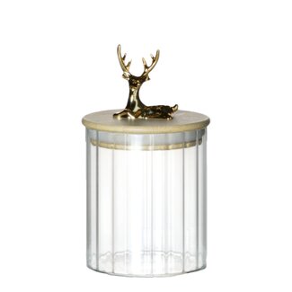 Mars & More Canister Jar Glass Wooden lid Deer h10,5 d9