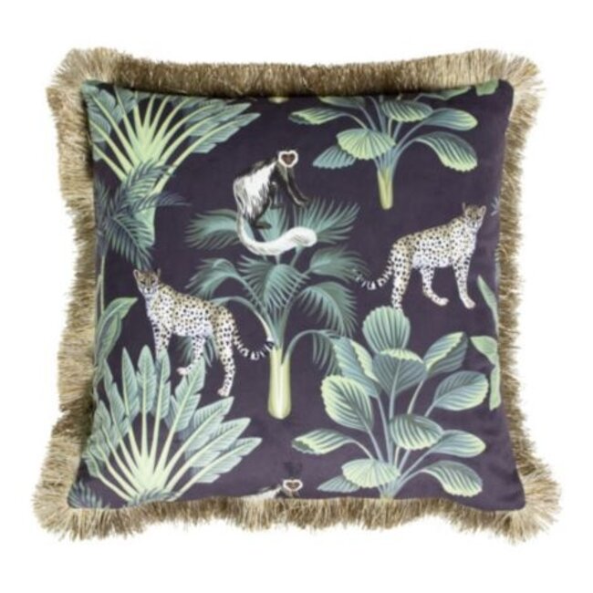 Mars & More kussen fluweel jungle panter zwart gouden franjes 45x45cm*