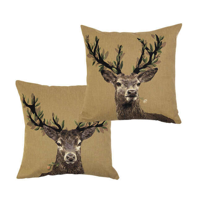 Mars & More gobelin kussen blader gewei bloem roze 45x45cm