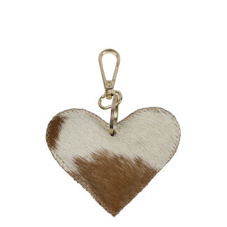 Mars & More sleutelhanger koehuid hart bruin/wit small 9cm goud