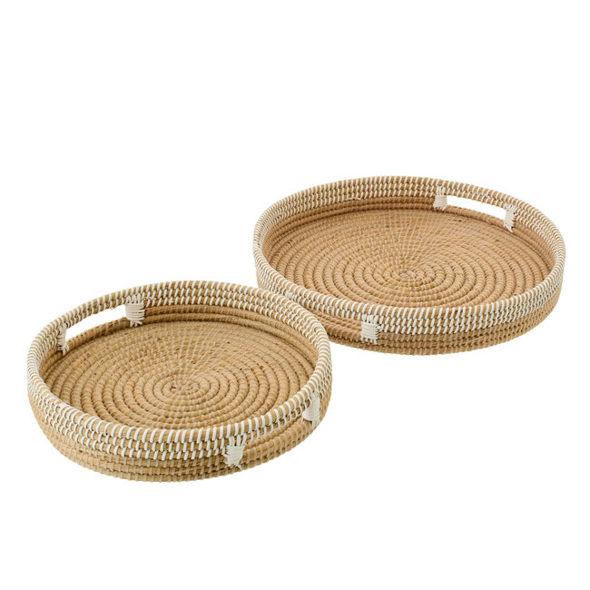 J-Line Set van 2 decoratieve dienbladen van stro, naturel/wit