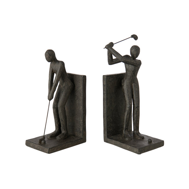 J-Line Set van 2 boekensteunen in de vorm van een golfer, gemaakt van zwart hars.