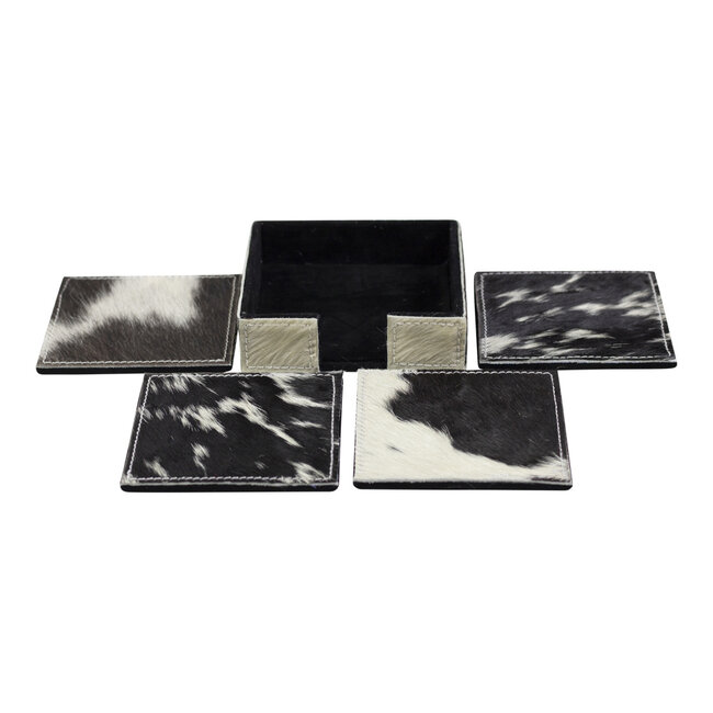 Mars & More onderzetters koehuid vierkant zwart/wit 10cm  set van 4