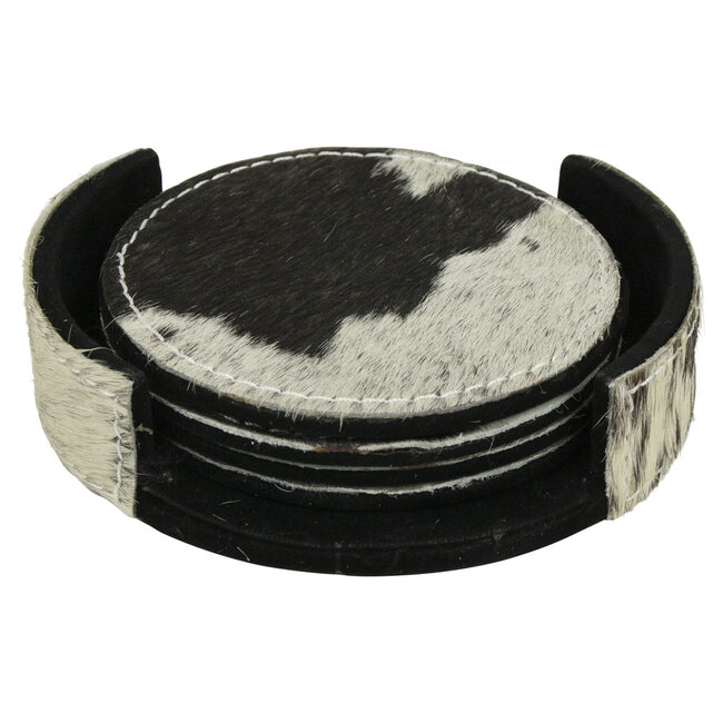 Mars & More onderzetters koehuid rond zwart/wit 10cm  set van 4