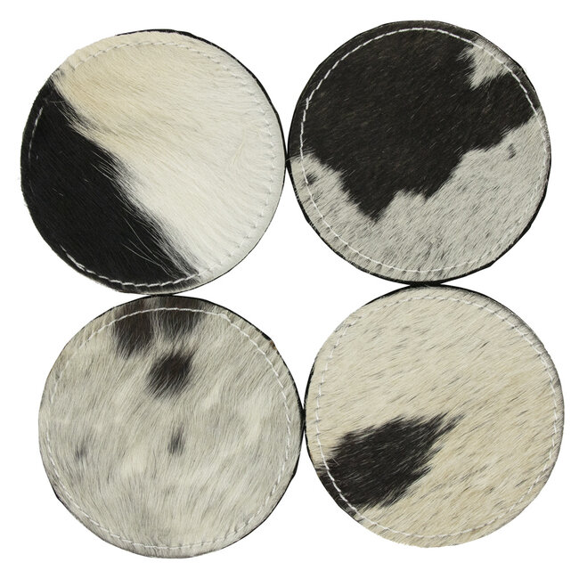 Mars & More onderzetters koehuid rond zwart/wit 10cm  set van 4