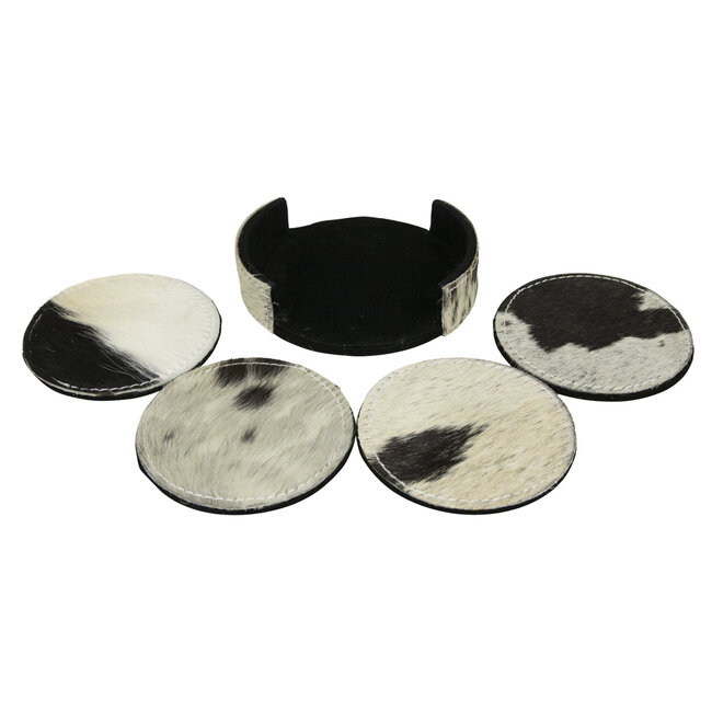 Mars & More onderzetters koehuid rond zwart/wit 10cm  set van 4