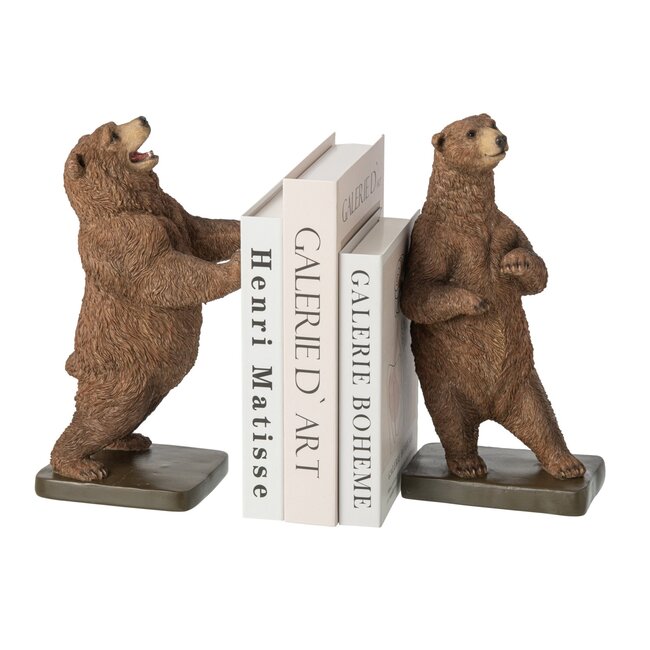 J-Line Set van 2 boekensteunen in de vorm van beren, gemaakt van bruin polyhars.
