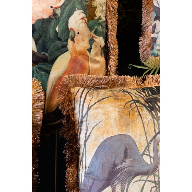Mars & More kussen fluweel blauwe reiger gouden franjes 45x45cm*