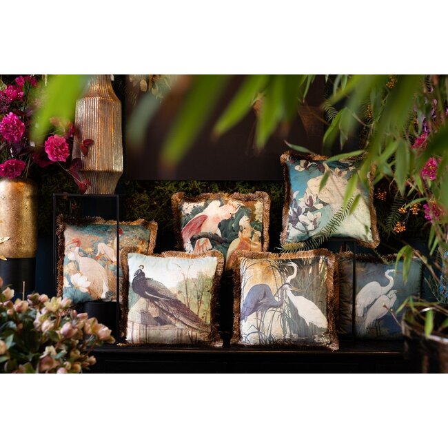 Mars & More kussen fluweel zilverreigers gouden franjes 45x45cm*