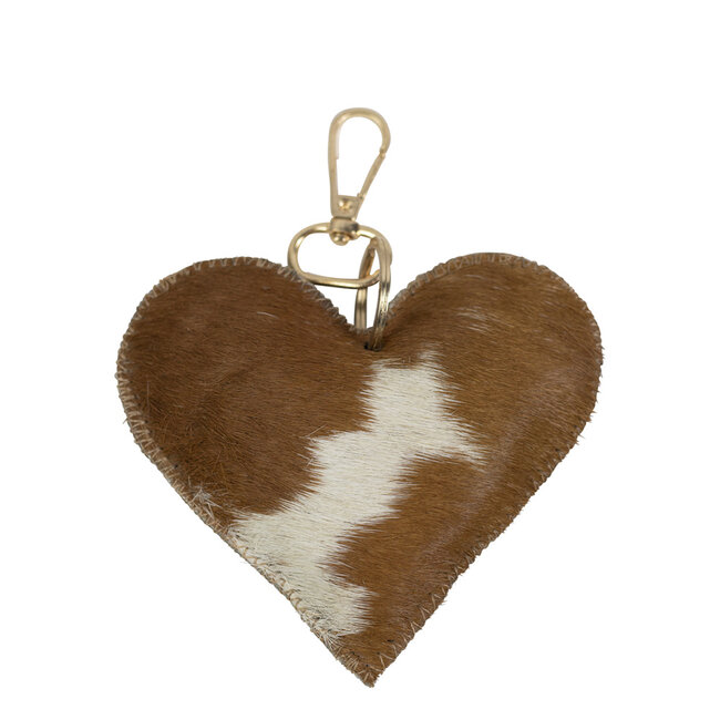 Mars & More sleutelhanger koehuid hart bruin/wit medium 11cm goud