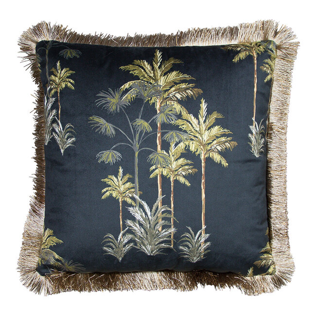 Mars & More kussen fluweel gouden franjes palmboom zwart 45x45cm