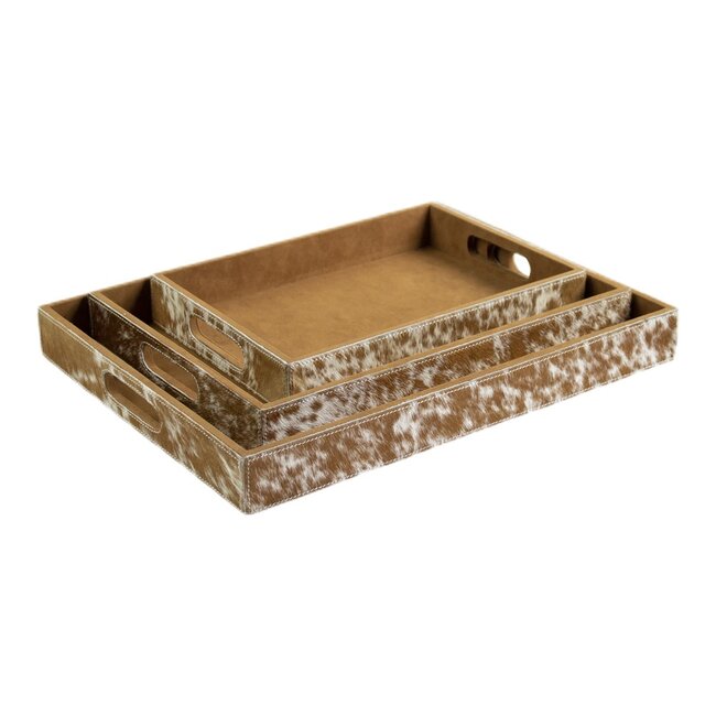 Mars & More dienbladen koehuid rechthoek bruin/wit (set of 3)