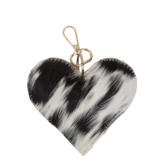 Mars & More sleutelhanger koehuid hart zwart/wit medium 11cm goud