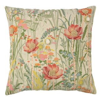 Mars & More kussen geborduurd wilde bloemen roze klaproos 60x60cm