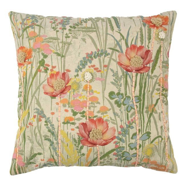 Mars & More kussen geborduurd wilde bloemen roze klaproos 60x60cm