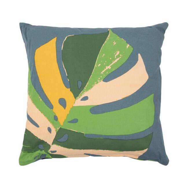 Linen & More Monstera m. blauw kussen 45x45 cm