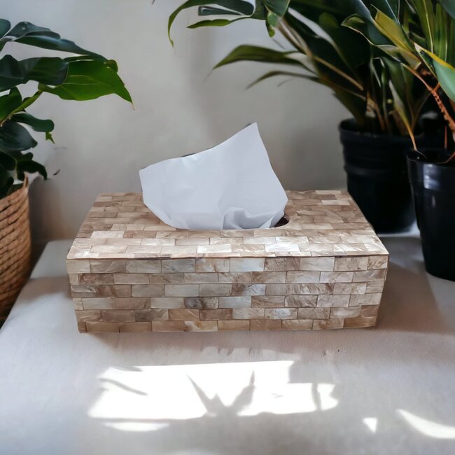 Dream-Living Luxe Tissuehouder van Gouden Capiz Schelpen – Handgemaakte Tissue Box 24 x 12,5 x 7 cm