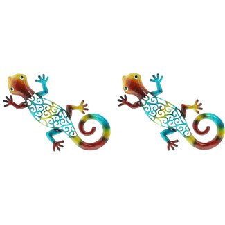 Dream-Garden Muurdecoratie Set van 2 Gekko's 31 cm – Kleurrijke Metalen Wanddecoratie