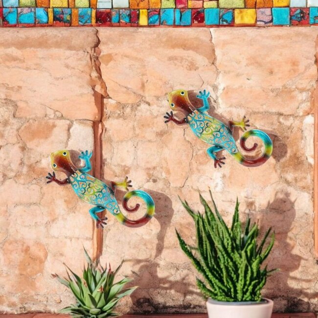 Dream-Garden Muurdecoratie Set van 2 Gekko's 31 cm – Kleurrijke Metalen Wanddecoratie