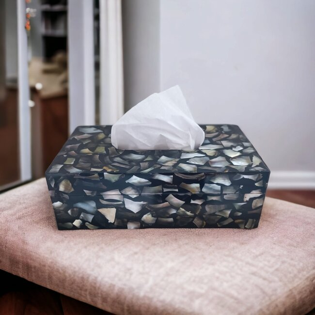 Dream-Living TiLiving Luxe Tissue box zwart met witte Capiz schelpen 24x12x7cm