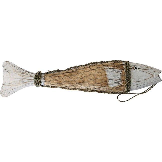 Bali-Dreams Houten Decoratie Vis in IJzeren Net – Maritieme Wanddecoratie – Wit – 10 x 48 cm