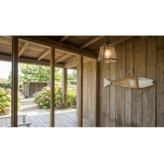 Bali-Dreams Houten Decoratie Vis in IJzeren Net – Maritieme Wanddecoratie – Wit – 10 x 48 cm