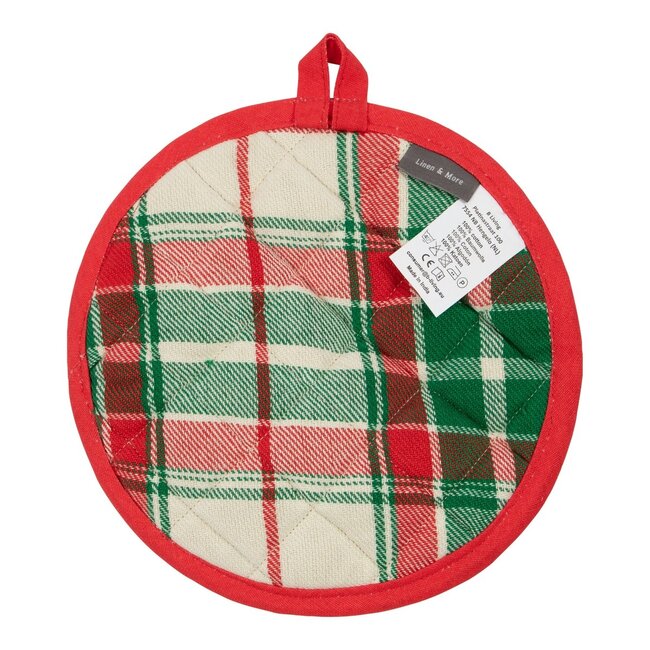 Linen & More Jingle Christmas Pannenlap Onderzetter rond beige groen rood 20cm