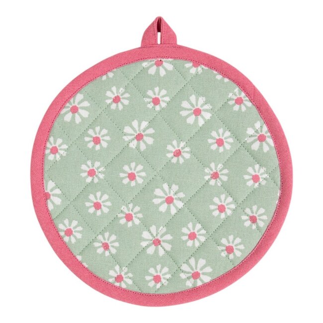 Linen & More Daisy Bloemen Pannenlap Onderzetter rond groen 20cm