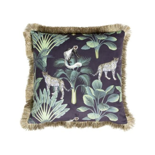 Mars & More kussen fluweel jungle panter zwart gouden franjes 45x45cm*