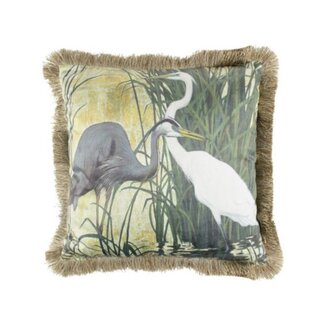 Mars & More kussen fluweel blauwe reiger gouden franjes 45x45cm*