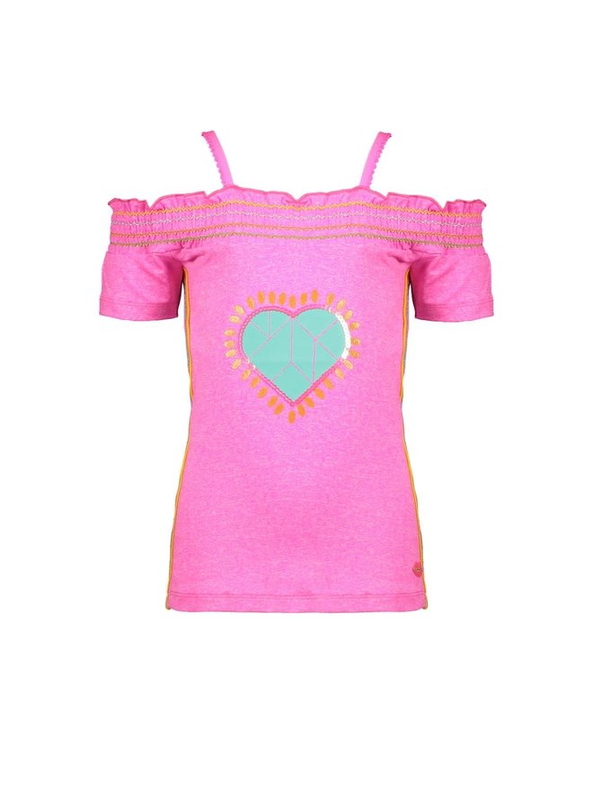 Off Shoulder Shirt Heart - Neon Pink