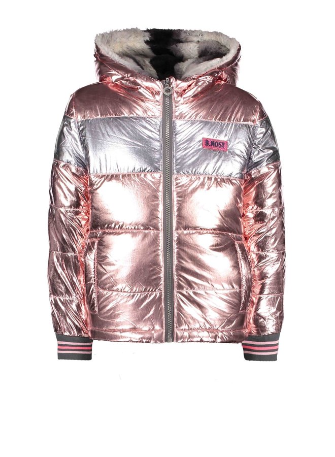 Reversible Jacket Gradient Stripe Fur And Metallic Shell - Light Pink
