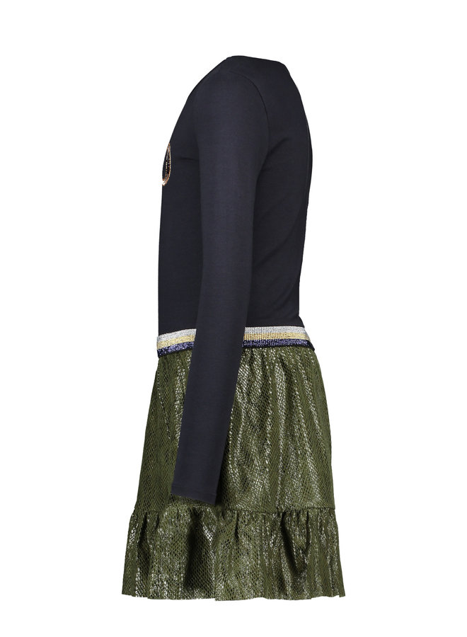 Jersey Longsleeve Dress Suede Snake Skirt - Navy