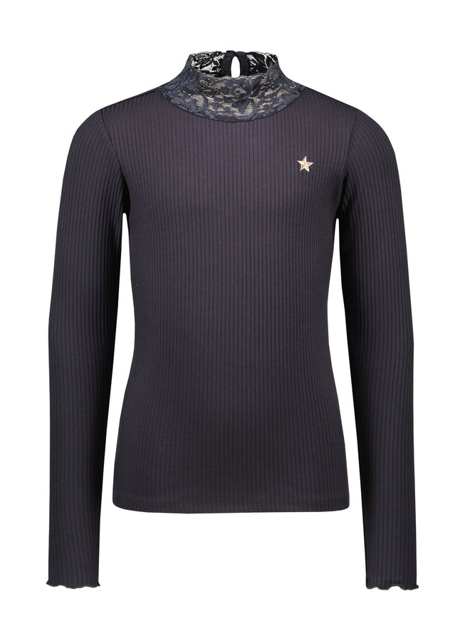 Like Flo - Rib Longsleeve Turtle Neck Top With Lace - Navy