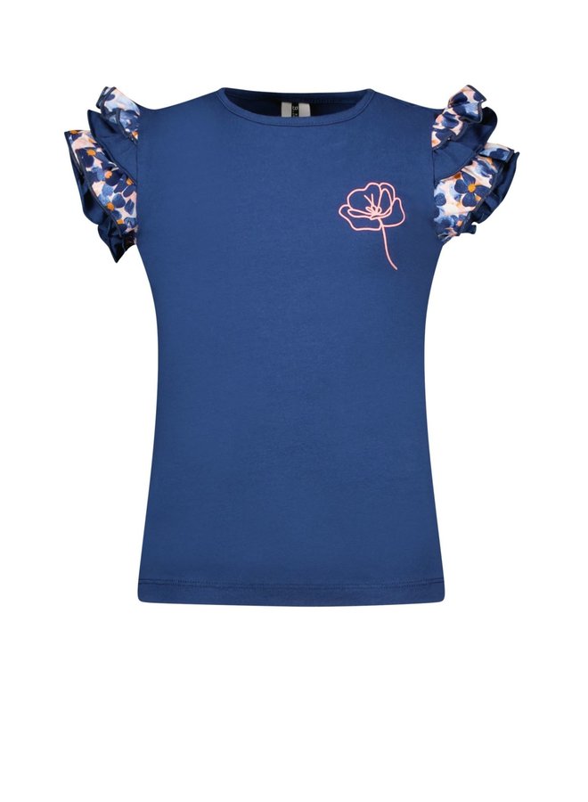B.Nosy - Short Sleeve Shirt With Floral AOP Ruffles - Night Blue