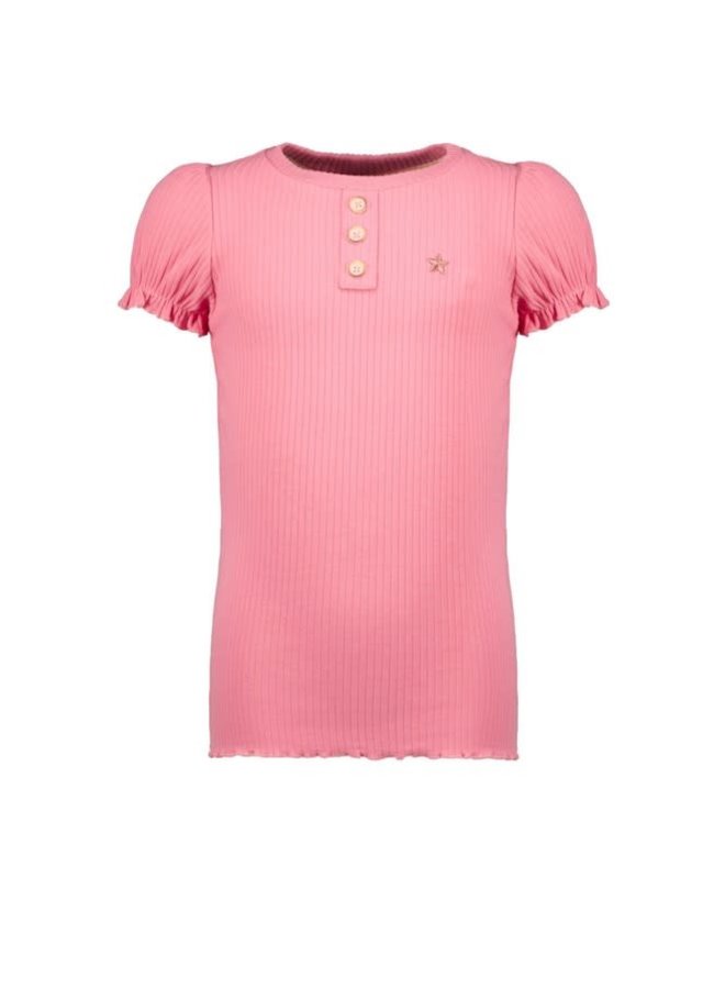 Like Flo - Solid Rib Tee With Button Closure - Flamingo