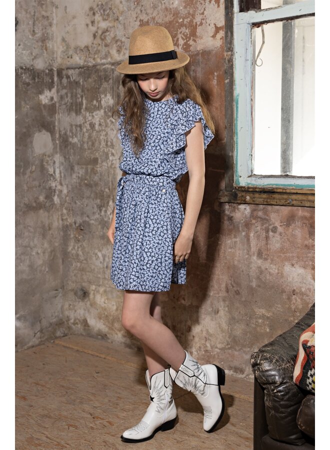 NoBell' - Denim Flower Dress Frills Moise - Satin Blue