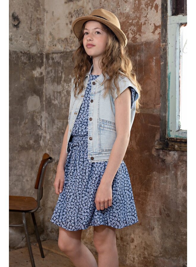 NoBell' - Denim Flower Dress Frills Moise - Satin Blue