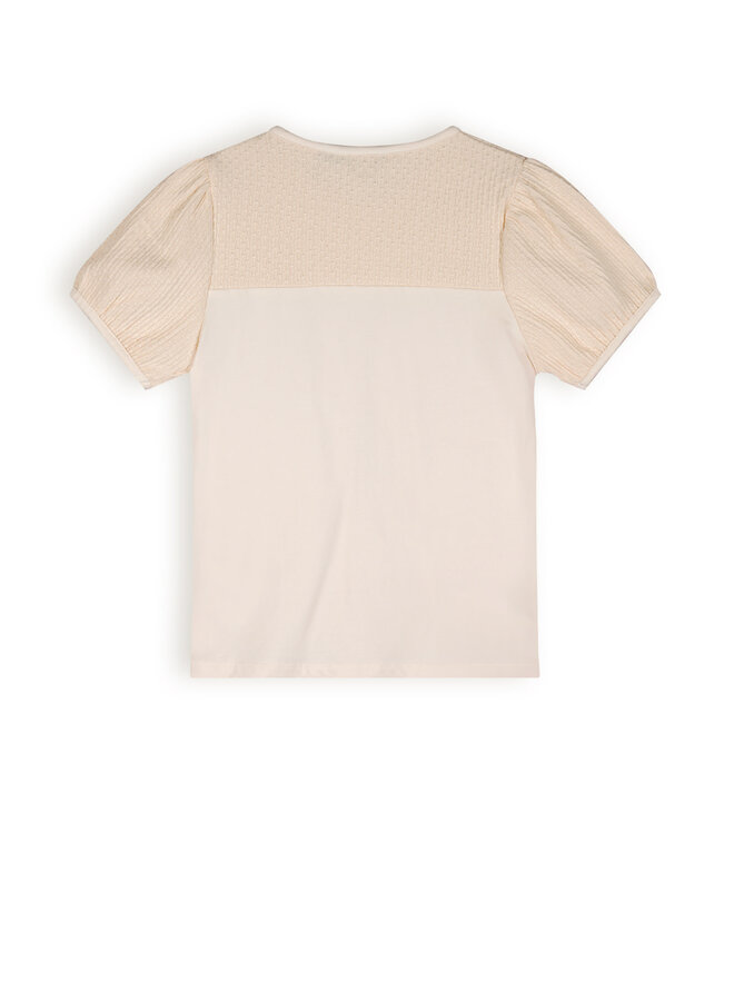 NoNo - T-Shirt Mixed Fabris Puffed Short Sleeves Karen - Pearled Ivory